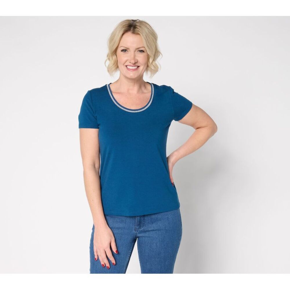 Gloria Vanderbilt Women's Top Sz S Scoop Neck Knit Metallic Trim Blue A682063